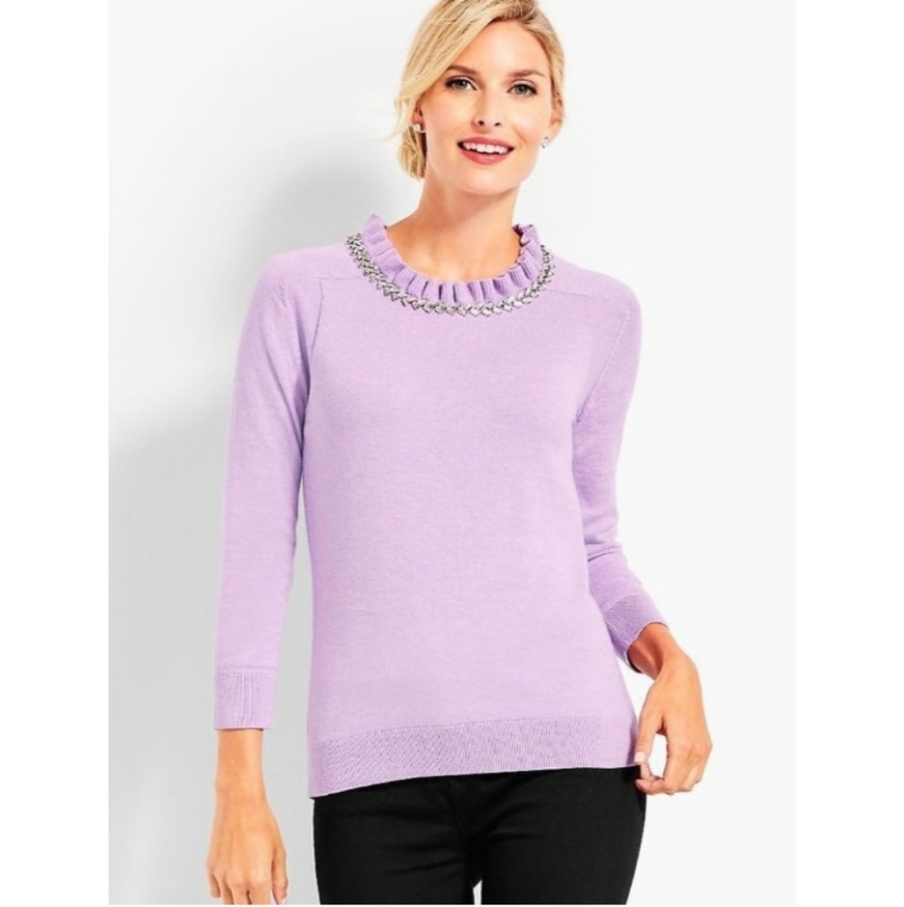 Talbots lilac knit embellished ruffle neck sweater